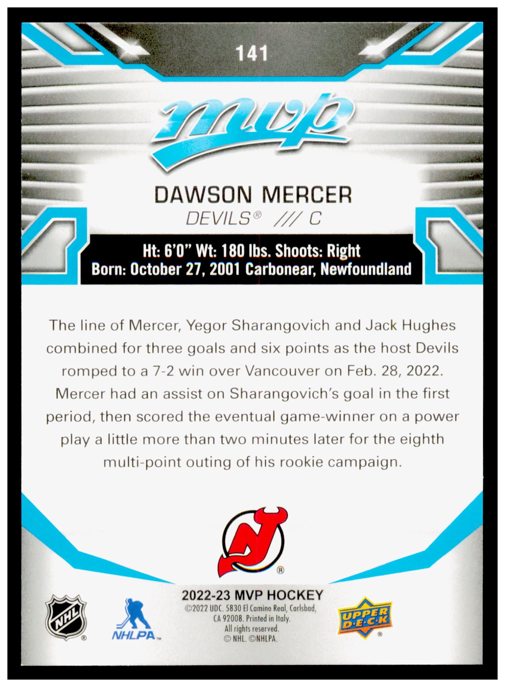 2022-23 Upper Deck MVP Dawson Mercer Card New Jersey Devils #141