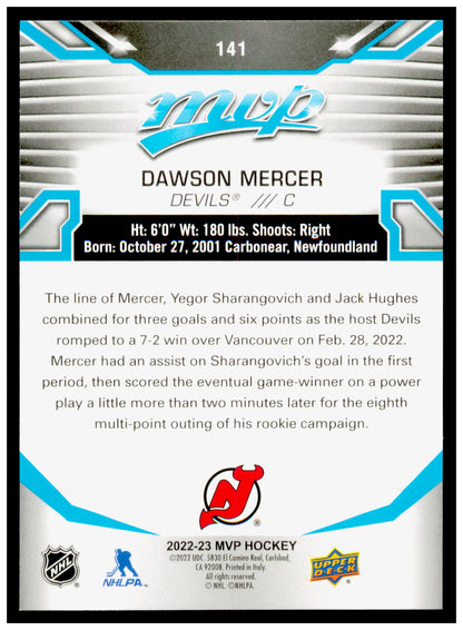 2022-23 Upper Deck MVP Dawson Mercer Card New Jersey Devils #141