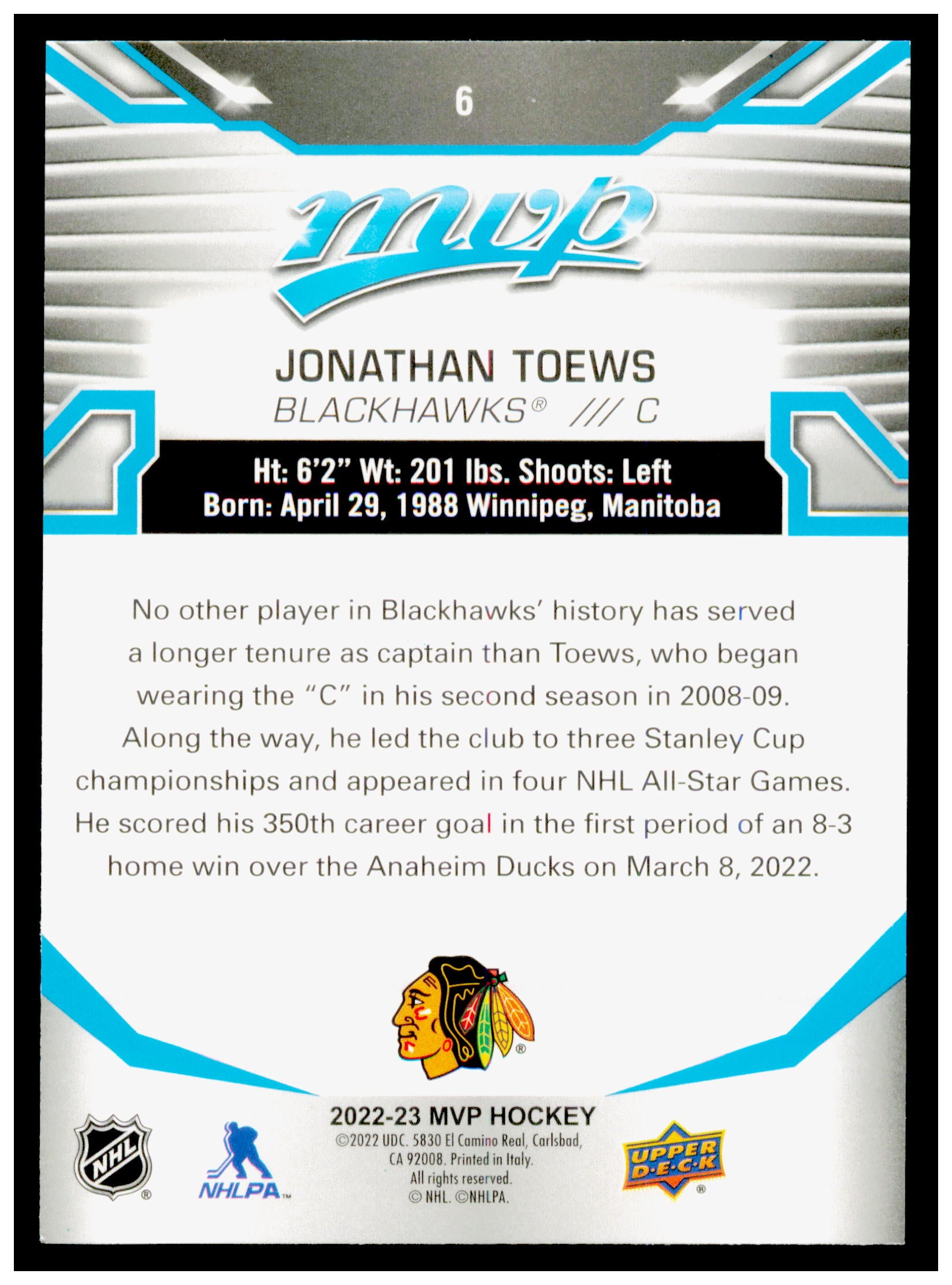 2022-23 Upper Deck MVP Jonathan Toews Card Chicago Blackhawks #6