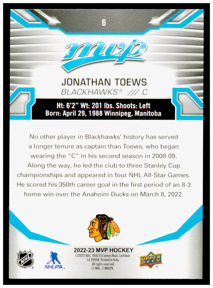 2022-23 Upper Deck MVP Jonathan Toews Card Chicago Blackhawks #6