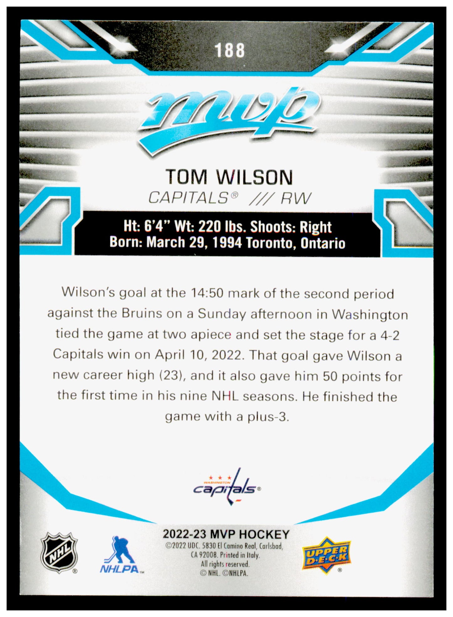 2022-23 Upper Deck MVP Tom Wilson Card Washington Capitals #188