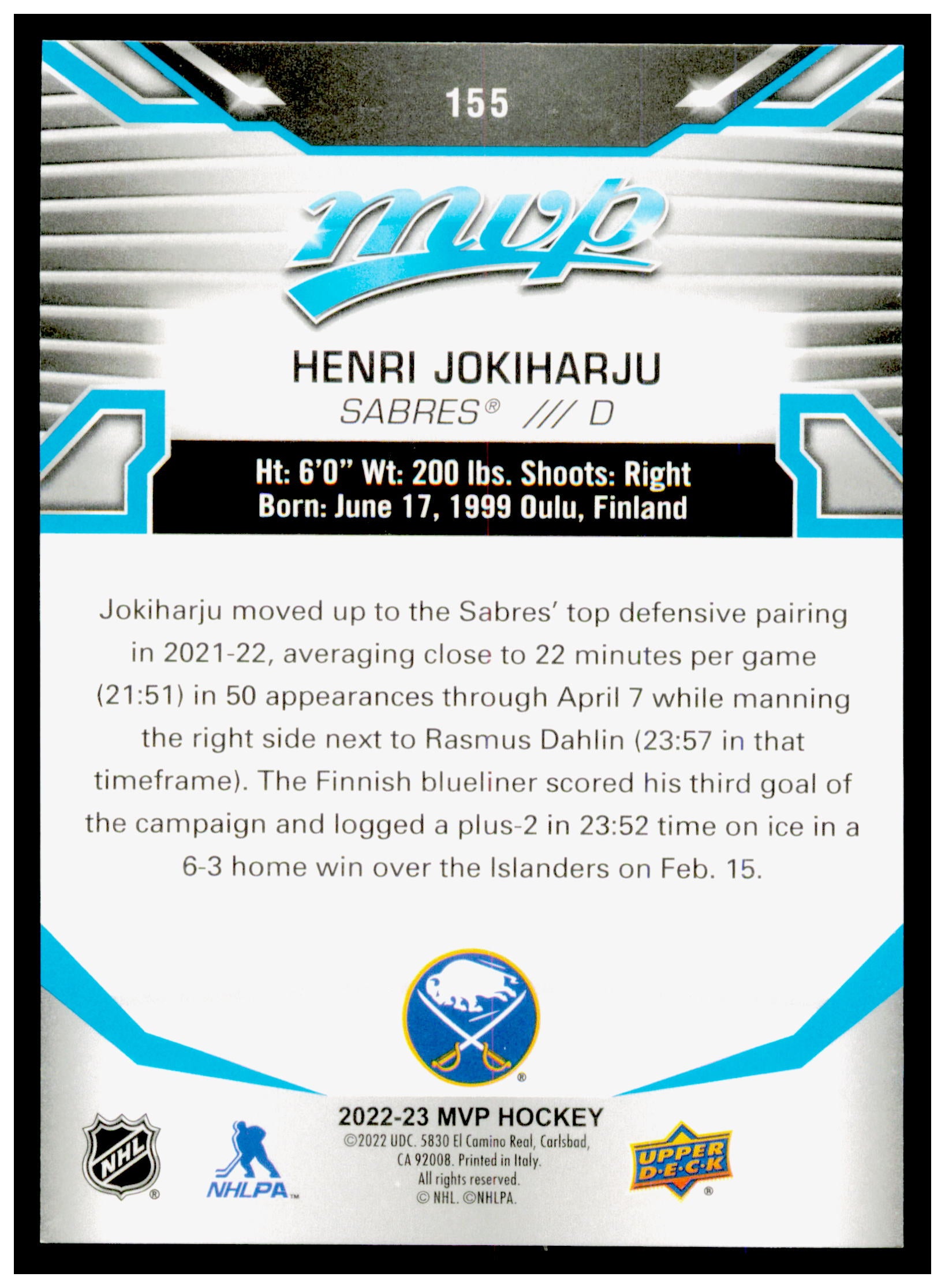 2022-23 Upper Deck MVP Henri Jokiharju Card Buffalo Sabres #155