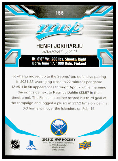 2022-23 Upper Deck MVP Henri Jokiharju Card Buffalo Sabres #155