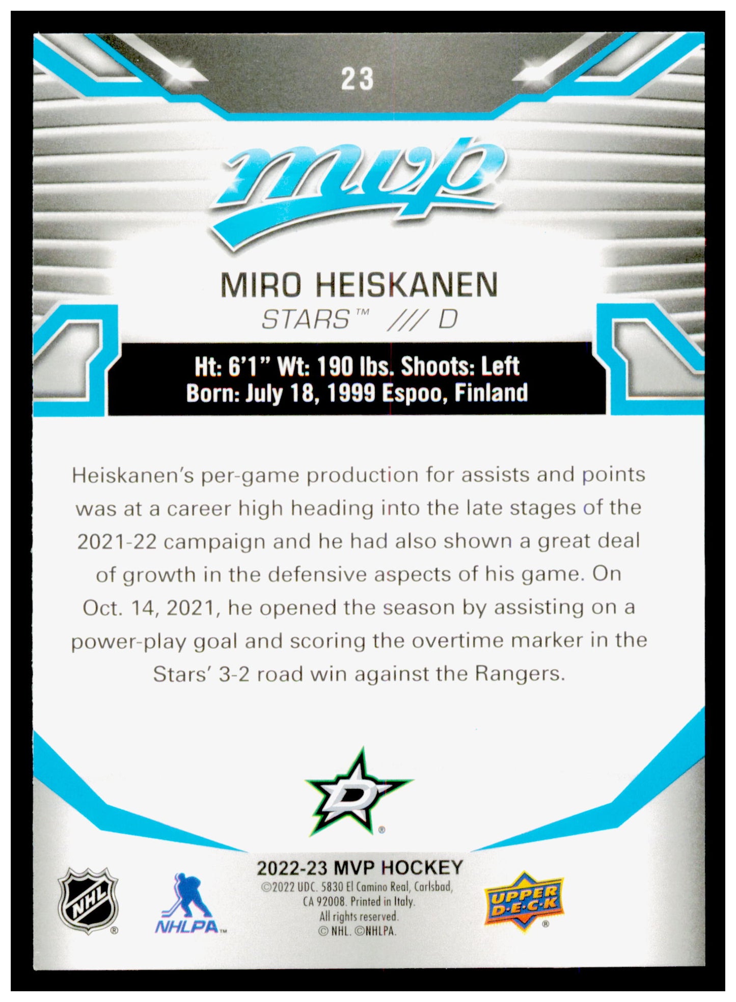 2022-23 Upper Deck MVP Miro Heiskanen Card Dallas Stars #23