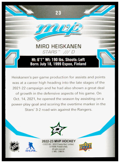 2022-23 Upper Deck MVP Miro Heiskanen Card Dallas Stars #23
