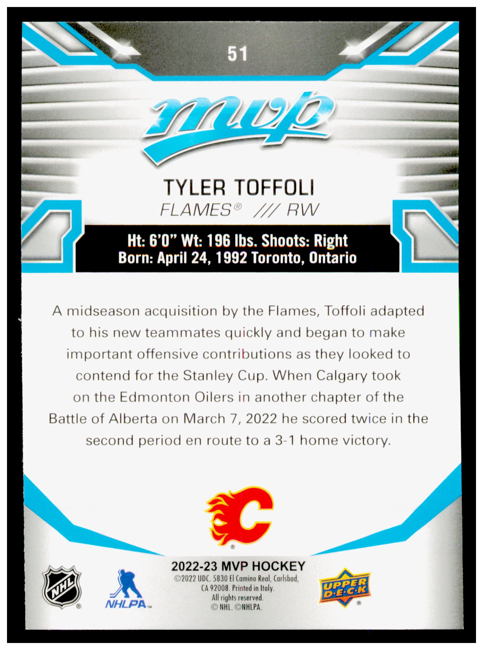 2022-23 Upper Deck MVP Tyler Toffoli Card Calgary Flames #51
