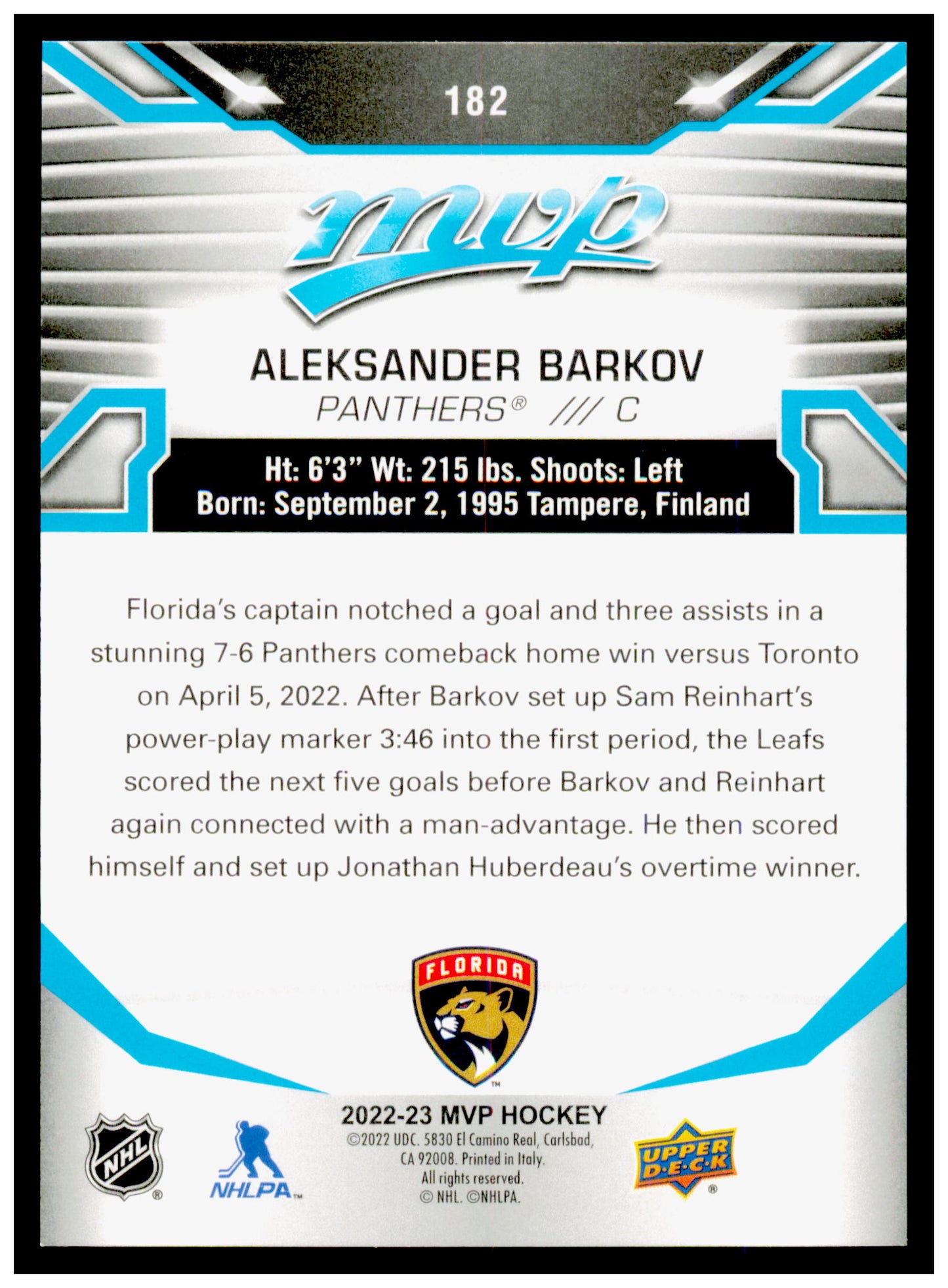 2022-23 Upper Deck MVP Aleksander Barkov Card Florida Panthers #182