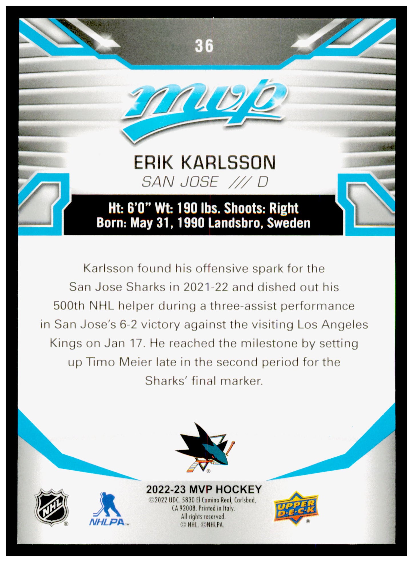 2022-23 Upper Deck MVP Erik Karlsson Card San Jose Sharks #36