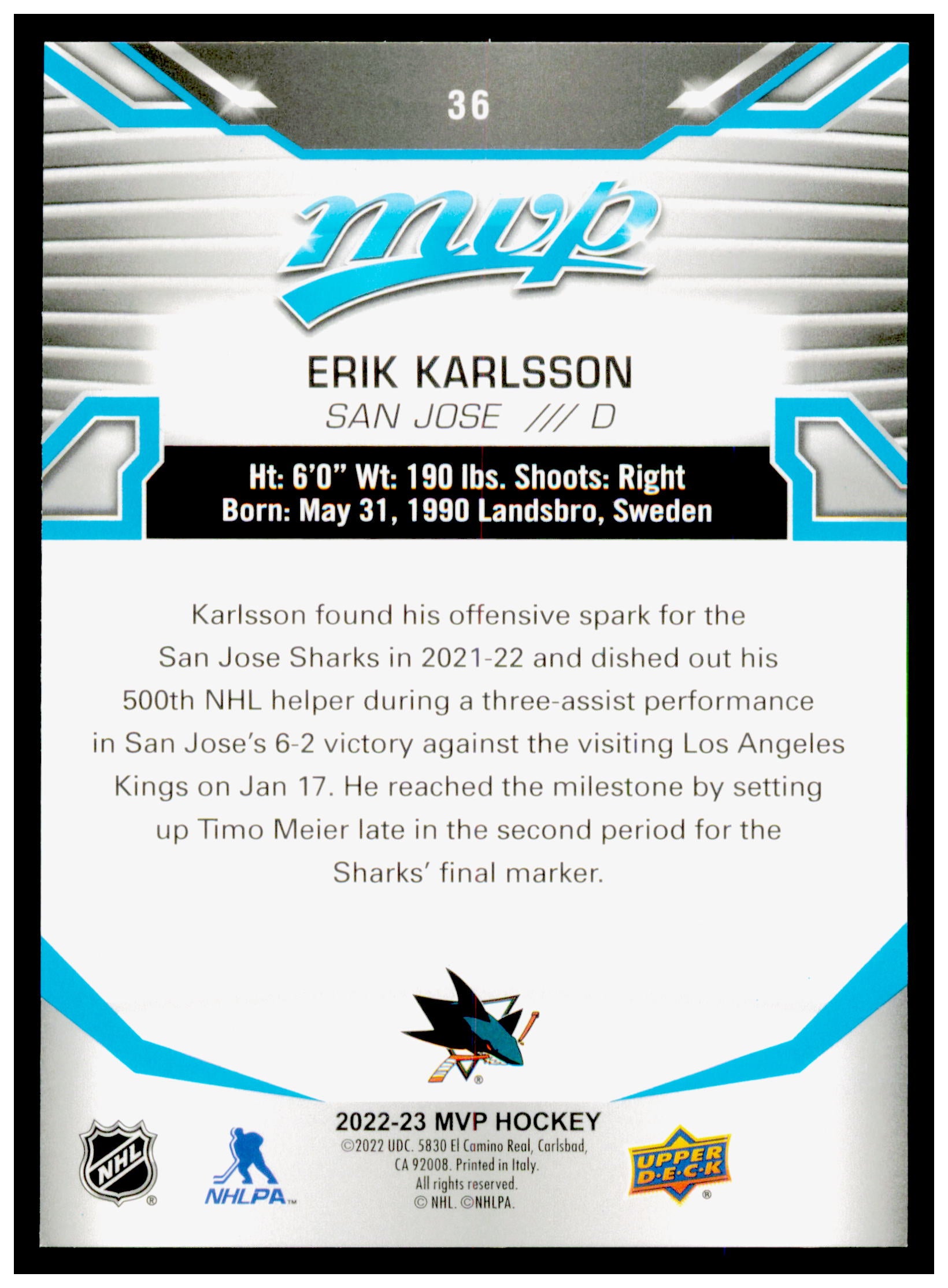 2022-23 Upper Deck MVP Erik Karlsson Card San Jose Sharks #36