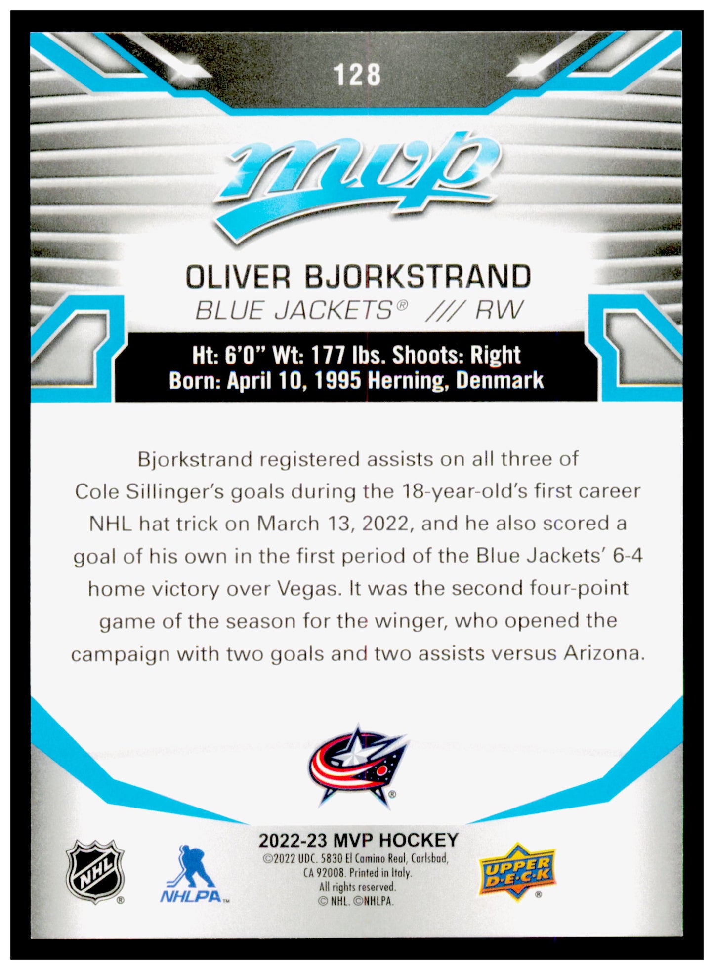 2022-23 Upper Deck MVP Oliver Bjorkstrand Card Columbus Blue Jackets #128