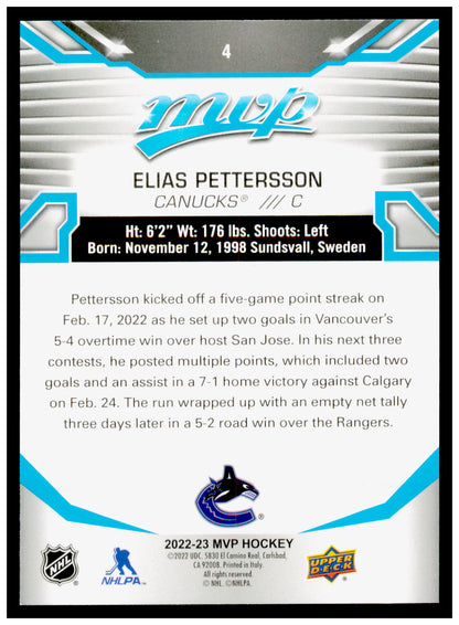 2022-23 Upper Deck MVP Elias Pettersson Card Vancouver Canucks #4