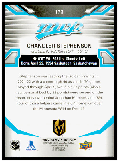2022-23 Upper Deck MVP Chandler Stephenson Card Vegas Golden Knights #173