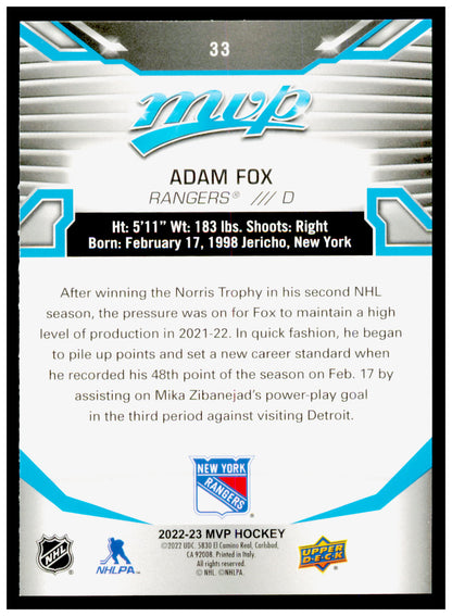 2022-23 Upper Deck MVP Adam Fox Card New York Rangers #33