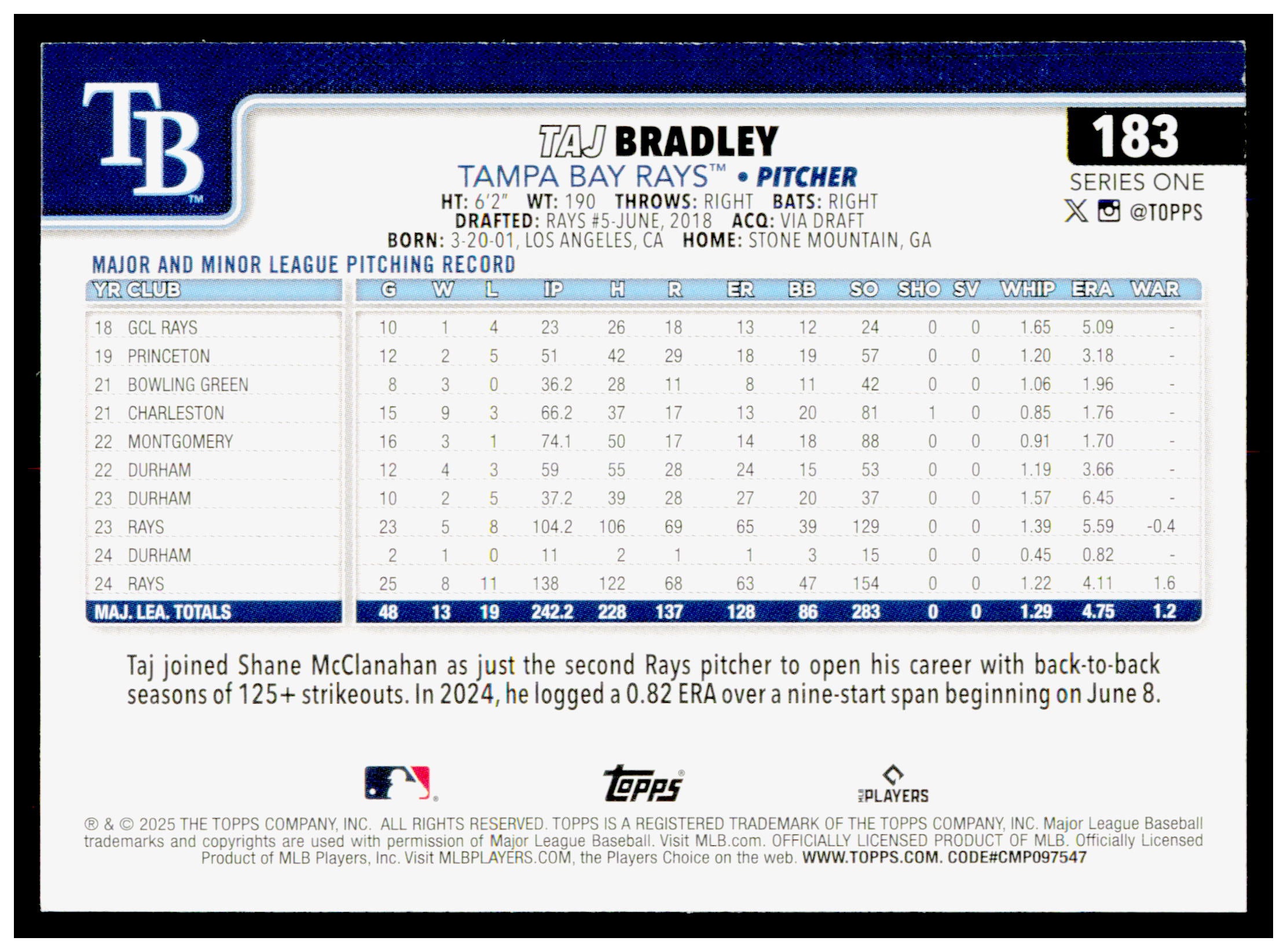 2025 Topps Taj Bradley Card Tampa Bay Rays #183
