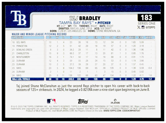 2025 Topps Taj Bradley Card Tampa Bay Rays #183