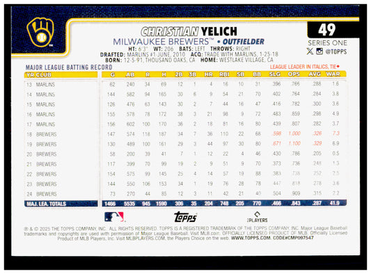 2025 Topps Series One Christian Yelich Card Milwaukee Brewers #49
