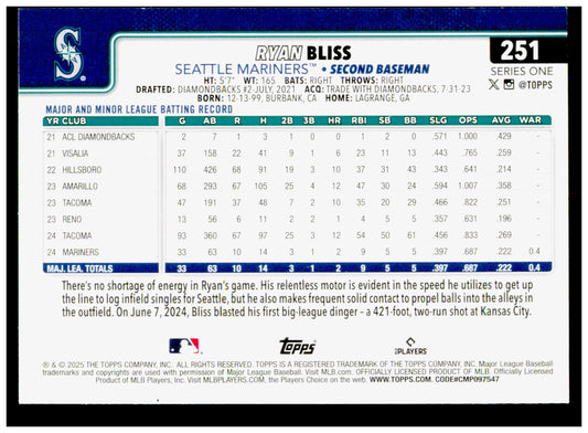 2025 Topps Ryan Bliss Card RC Seattle Mariners #251