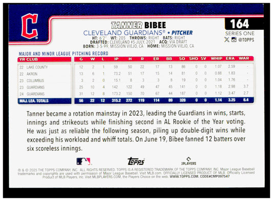 2025 Topps Tanner Bibee Card Cleveland Guardians #164