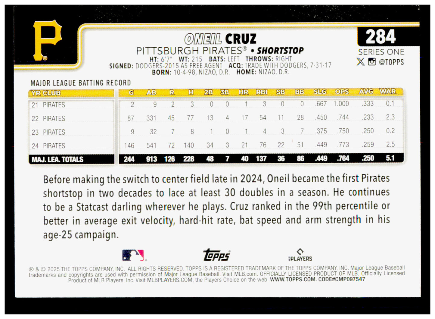 2025 Topps Oneil Cruz Card Pittsburgh Pirates #284