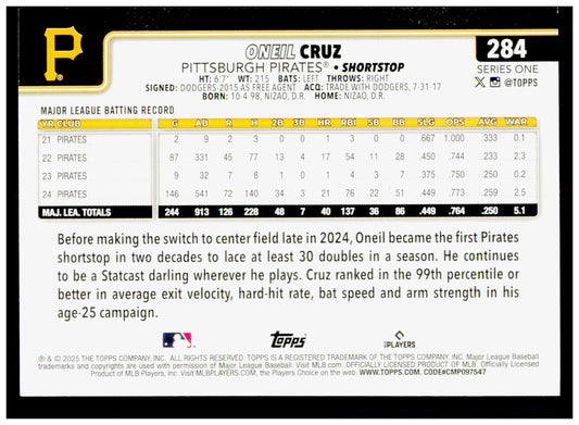 2025 Topps Oneil Cruz Card Pittsburgh Pirates #284