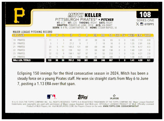 2025 Topps Mitch Keller Card Pittsburgh Pirates #108