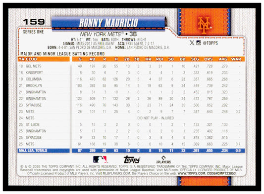 2026 Topps Ronny Mauricio Card New York Mets #159