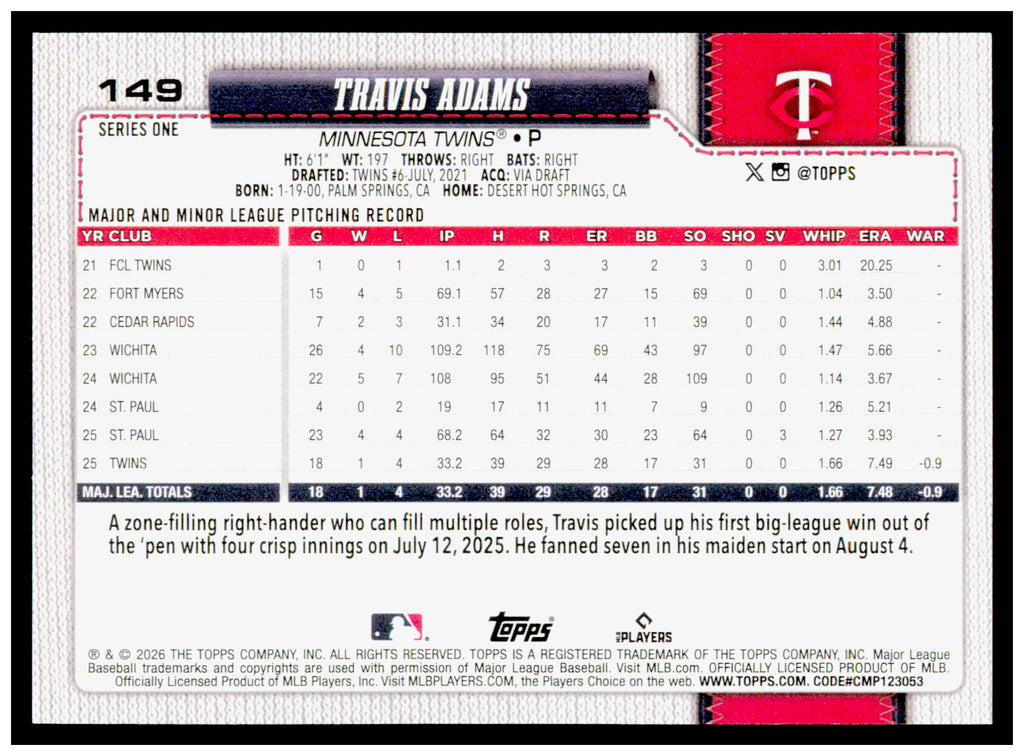 2026 Topps Travis Adams Card RC Minnesota Twins #149