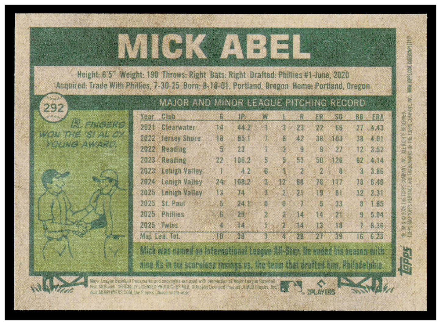 2026 Topps Heritage Mick Abel Card Deckle Edge Minnesota Twins #292