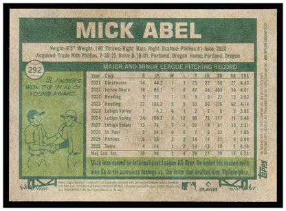 2026 Topps Heritage Mick Abel Card Deckle Edge Minnesota Twins #292