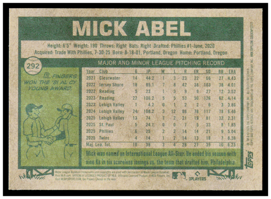 2026 Topps Heritage Mick Abel Card Deckle Edge Minnesota Twins #292