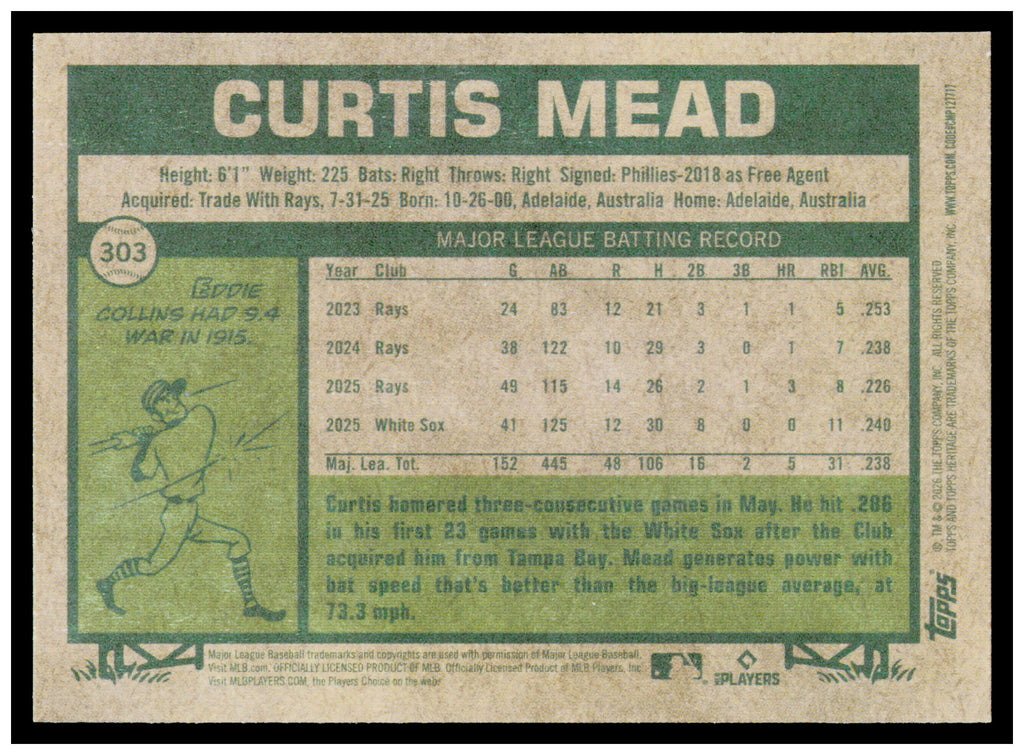 2026 Topps Heritage Curtis Mead Card Chicago White Sox #303