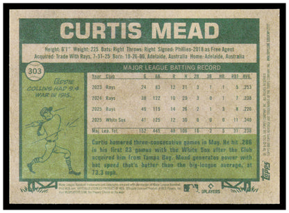 2026 Topps Heritage Curtis Mead Card Chicago White Sox #303