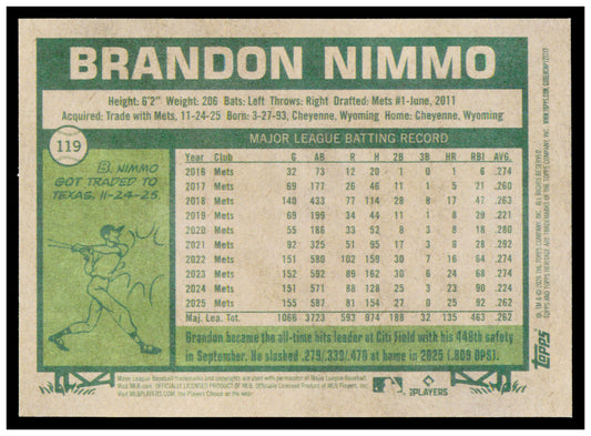 2026 Topps Heritage Brandon Nimmo Card Dark Gray Texas Rangers #119