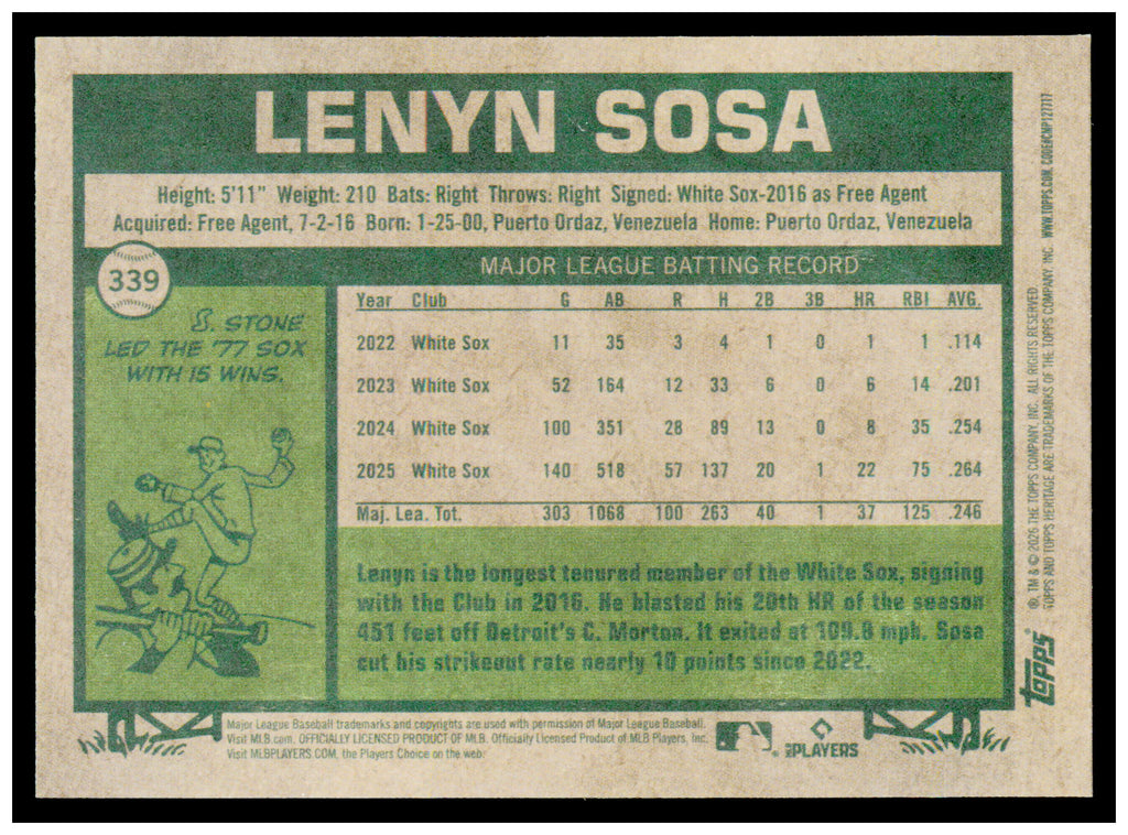 2026 Topps Heritage Lenyn Sosa Card Chicago White Sox #339