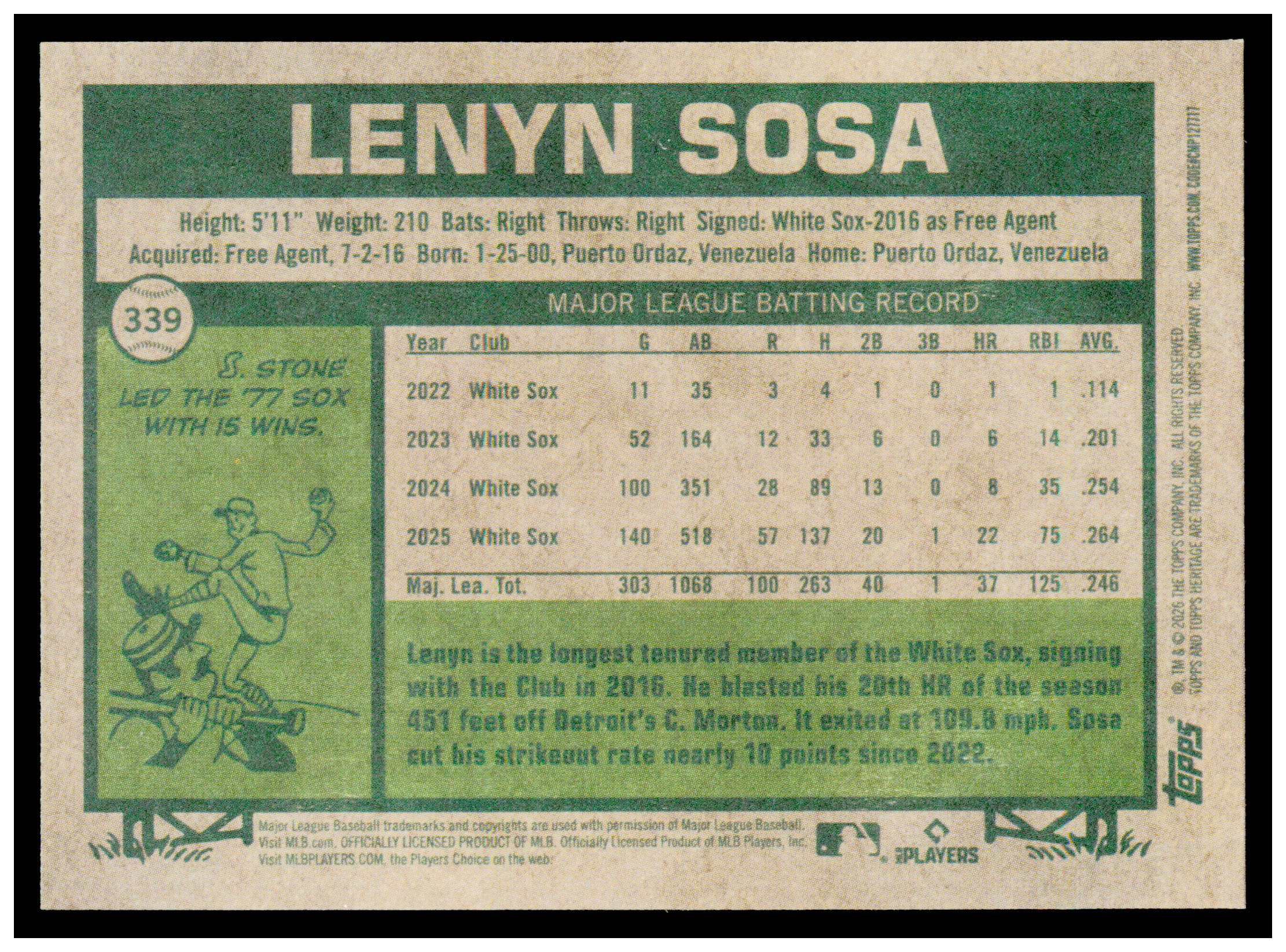 2026 Topps Heritage Lenyn Sosa Card Chicago White Sox #339
