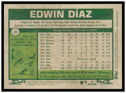 2026 Topps Heritage Edwin Díaz Card Los Angeles Dodgers #36