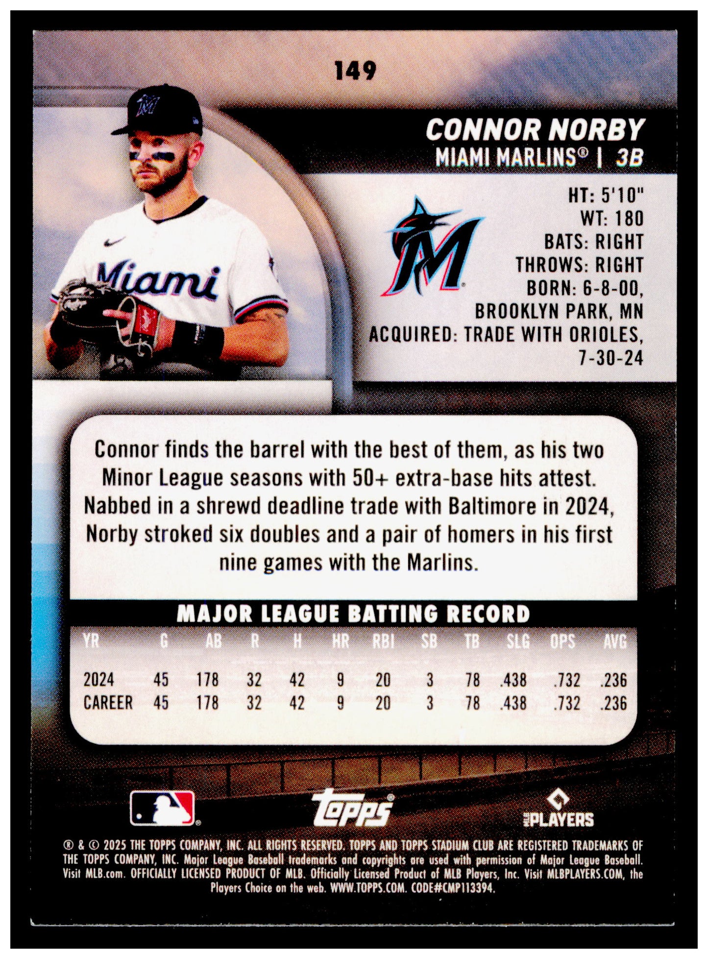 2025 Stadium Club Connor Norby Card RC Miami Marlins #149