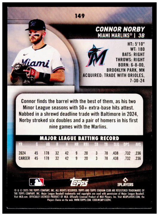 2025 Stadium Club Connor Norby Card RC Miami Marlins #149