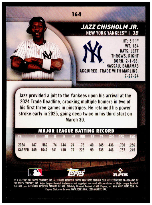2025 Stadium Club Jazz Chisholm Jr. Card New York Yankees #164