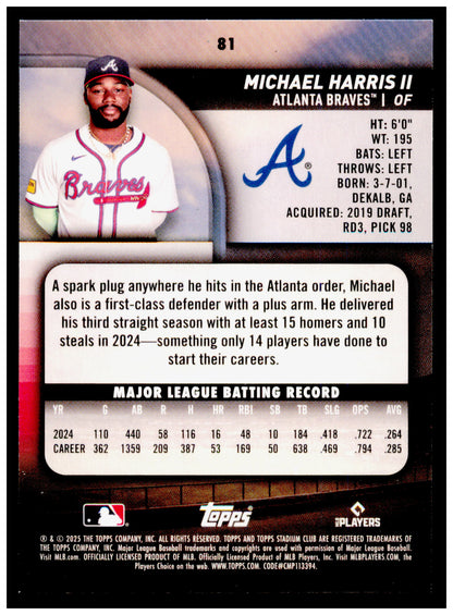 2025 Stadium Club Michael Harris II Card Pink Foil Atlanta Braves #81
