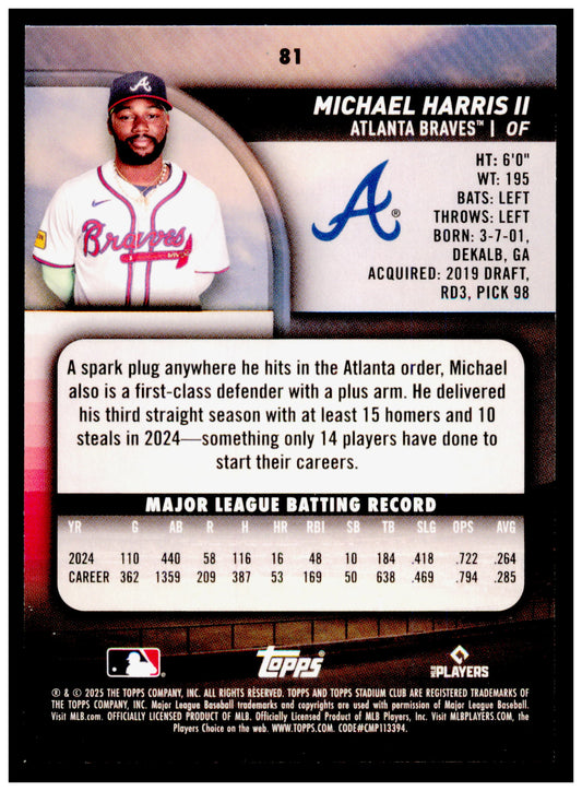 2025 Stadium Club Michael Harris II Card Pink Foil Atlanta Braves #81