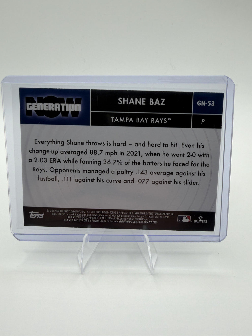 2022 Topps Shane Baz Card Generation Now Tampa Bay Rays #GN-53