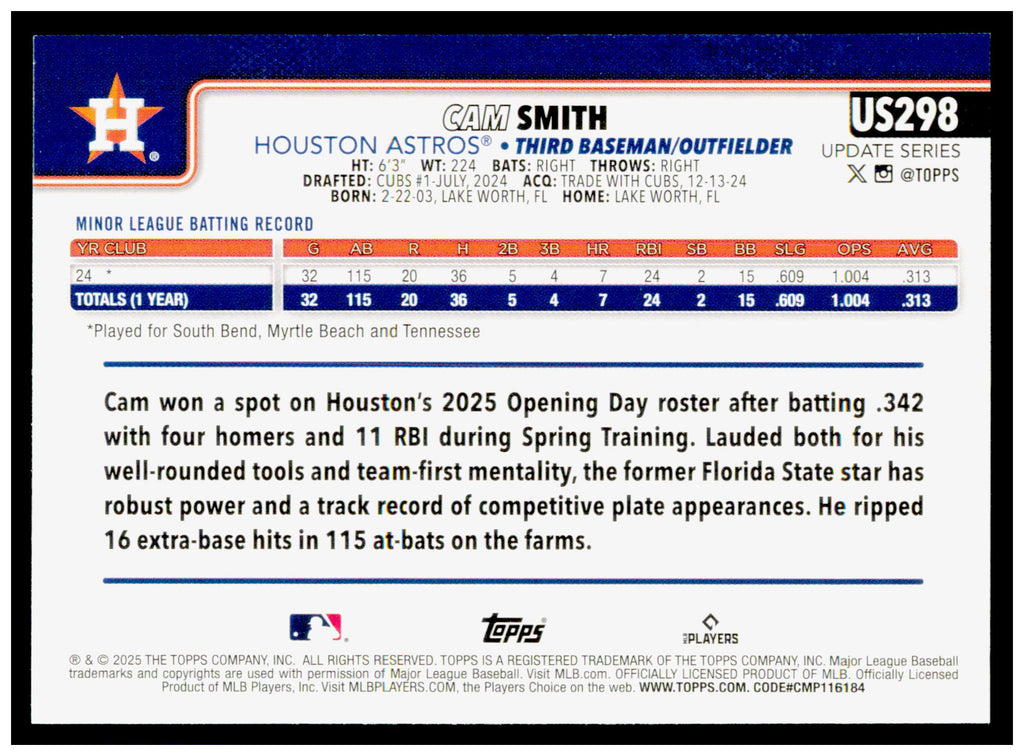 2025 Topps Update Cam Smith Card RC Houston Astros #US298