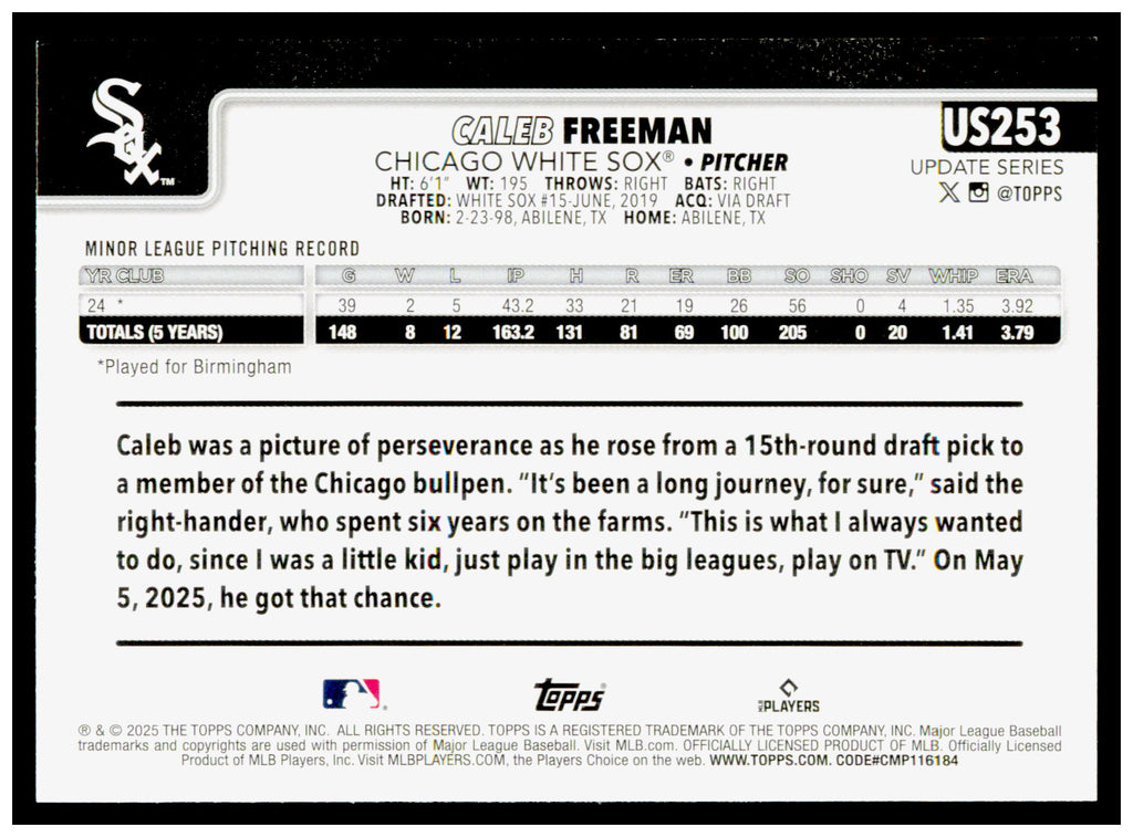 2025 Topps Update Caleb Freeman Card RC Chicago White Sox #US253
