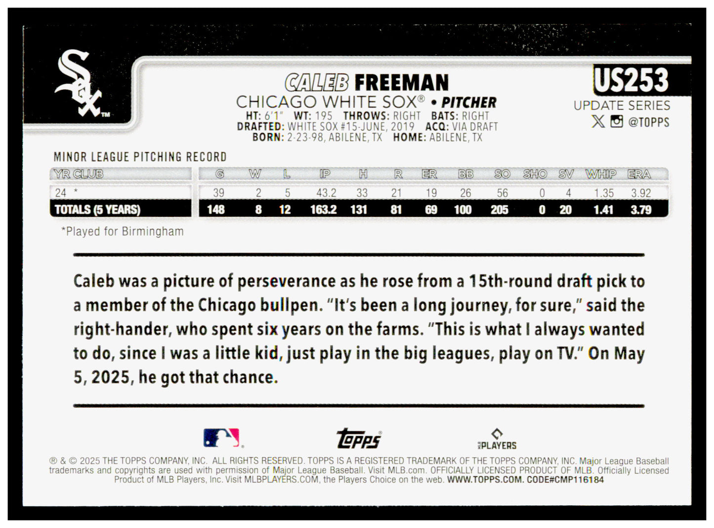 2025 Topps Update Caleb Freeman Card RC Chicago White Sox #US253