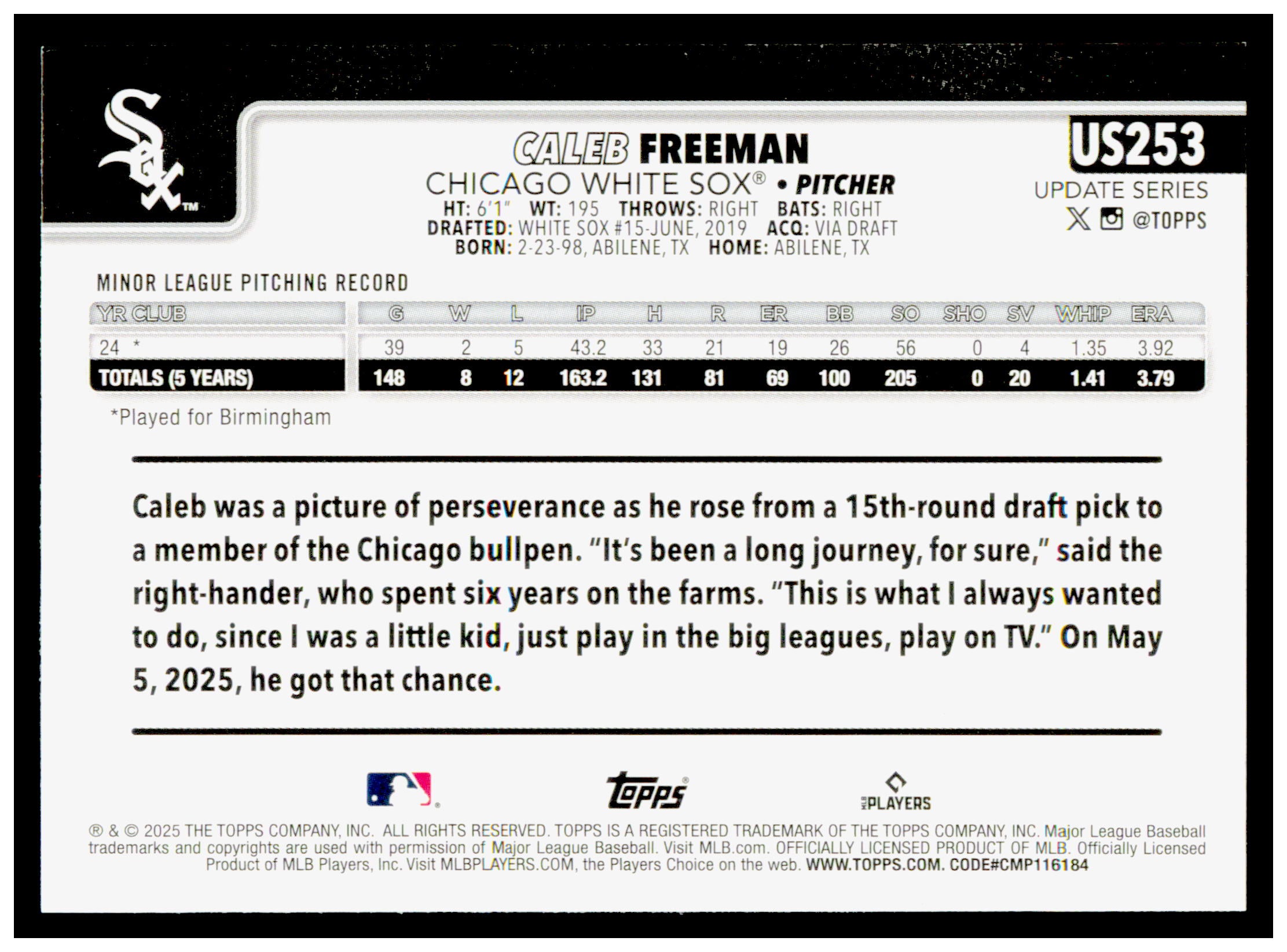 2025 Topps Update Caleb Freeman Card RC Chicago White Sox #US253