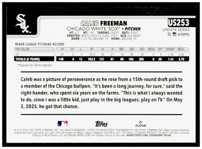 2025 Topps Update Caleb Freeman Card RC Chicago White Sox #US253
