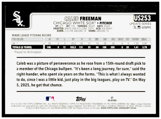 2025 Topps Update Caleb Freeman Card RC Chicago White Sox #US253