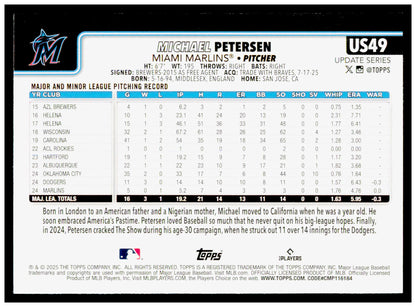2025 Topps Update Michael Petersen Card RC Miami Marlins #US49