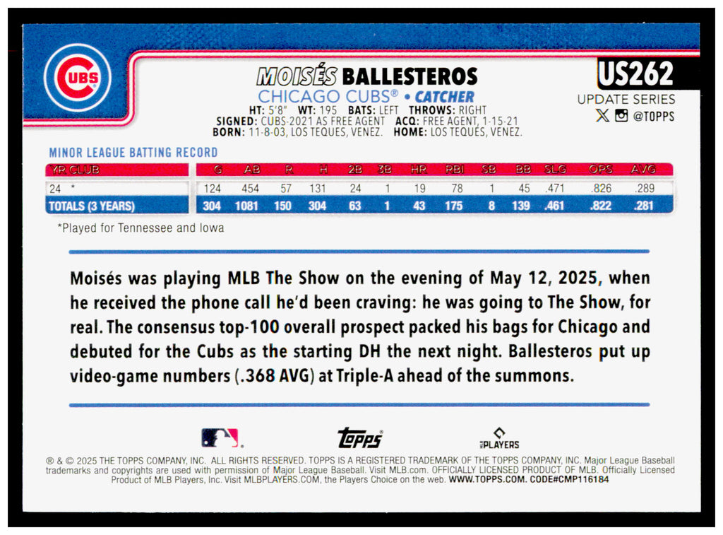 2025 Topps Update Moisés Ballesteros Card RC Chicago Cubs #US262